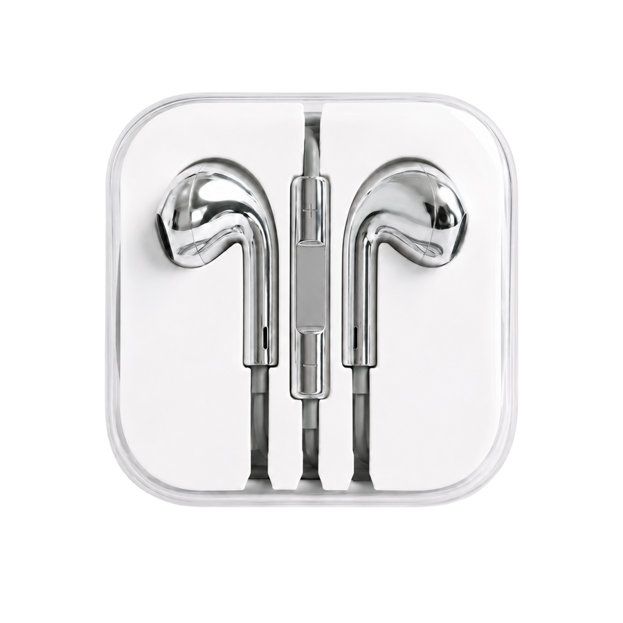 Azuro chrome earbuds in their case, fitted with the 3.5 mm connector